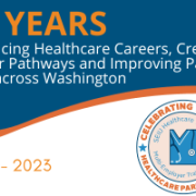 Top half of image dark blue background with large orange "15 years" at the top and white text "Advancing Healthcare Careers, Creating Career Pathways and Improving Patient Care across Washington. Bottom half of image white background with 15 year event logo on the right and "2008-2023" in orange on the left.
