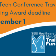 Orange background upper half of image with dark blue text "Pro/Tech Conference Travel Funding Award deadline is Dec. 1". White wave splits the image. Lower half dark blue background with Training Fund logo.
