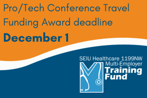Orange background upper half of image with dark blue text "Pro/Tech Conference Travel Funding Award deadline is Dec. 1". White wave splits the image. Lower half dark blue background with Training Fund logo.