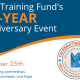 Dark blue background on top half with white and orange text "The Training Fund's 15-year Anniversary Event". White bottom half has 15 year event logo and orange and dark blue text "October 25th Celebrating partnerships, member successes, and hope."