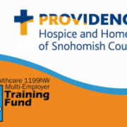 Providence Hospice and Home Care of Snohomish County logo on a white background at the top. Training Fund logo on an orange background on the bottom. Light blue wave line splits the image.