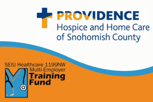 Providence Hospice and Home Care of Snohomish County logo on a white background at the top. Training Fund logo on an orange background on the bottom. Light blue wave line splits the image.