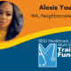 Circular photo of a Black woman on an orange, yellow and blue background with black text "Alexis Young MA, Neighborcare Health", and the Training Fund logo.