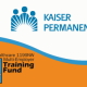 White and orange background split with light blue wavy line. Kaiser Permanente logo on the top white half, Training Fund logo on the orange bottom half.