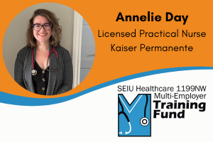 Orange and white background split by light blue waved line. Upper half circular photo of a white woman wearing a sweater and stethoscope. Black text "Annelie Day, Licensed Practical Nurse, Kaiser Permanente. Bottom half Training Fund logo on white background.