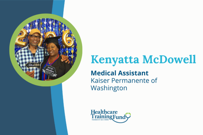 A photo of Medical Assistant Kenyatta McDowell smiling and wearing a cap and gown at her graduation celebration